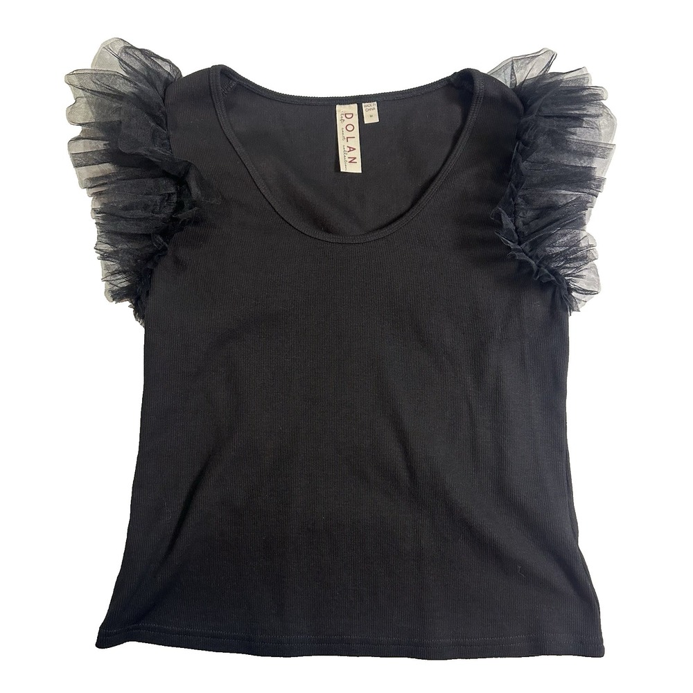 DOLAN Anthropologie Women's MEDIUM Black Tulle Ruffle Sleeve Tank Top Shirt